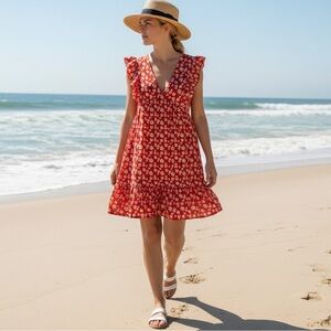 Red Floral V-Neck Ruffle Flutter Sleeve Dress Womens Large Vacation Casual New